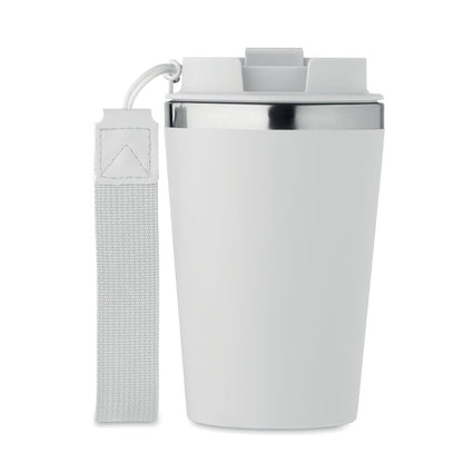Vaso de acero inoxidable blanco con tapadera y asa de transporte
