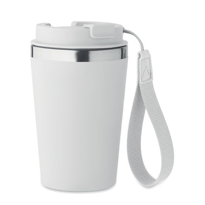 Vaso blanco de acero inoxidable con tapa de plástico  asa de polipiel para transporte