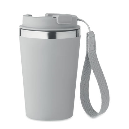 Vaso gris de acero inoxidable con tapa de plástico  asa de polipiel para transporte