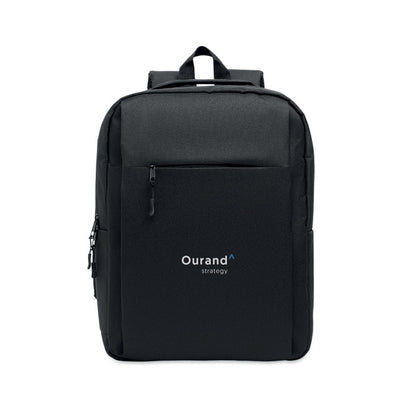 Parte delantera de mochila negra con logotipo impreso