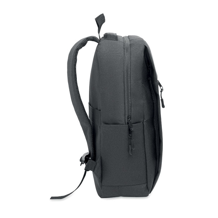 AKRAOS - Mochila para portátil de 15" vista lateral con cremallera y bolsillos.
