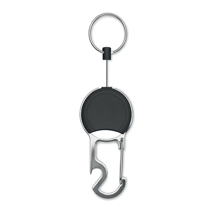 Porta credenciales con mosquetón color negro y plata con logo