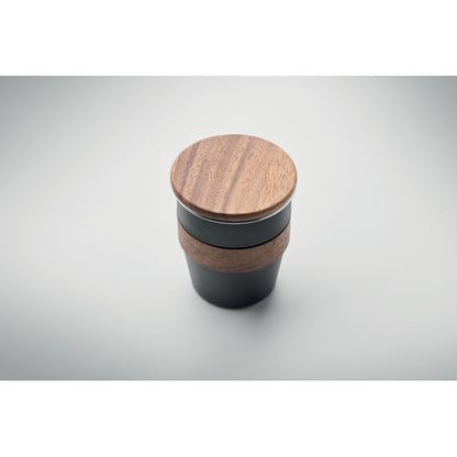 Vista superior de vaso de acero inox negro con tapadera de madera