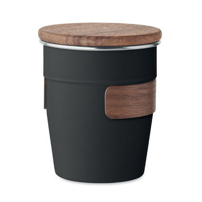 Vaso  negro de acero inox con asa desmontable de madera de nogal