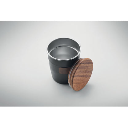 Vaso de acero inoxidable con exterior de color negro con tapa de madera