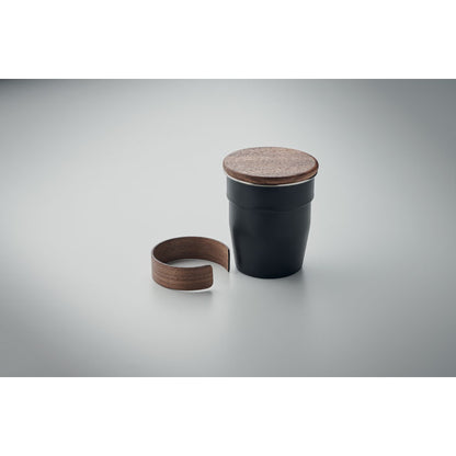 Vaso de metal negro con asa desmontada de nogal y tapadera