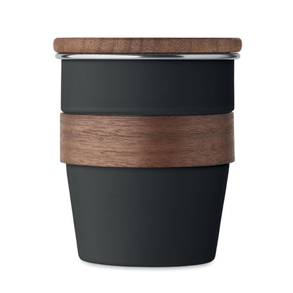 Vaso de viaje de metal negro con tapadera y faja de madera