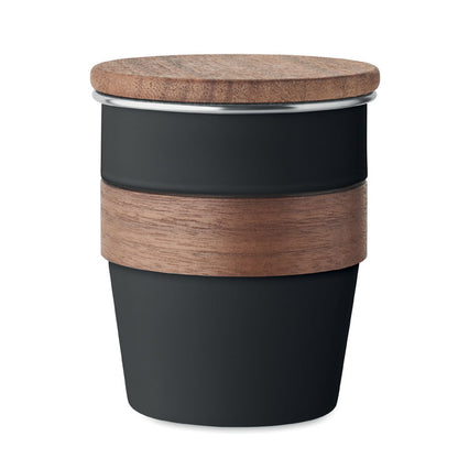 Vaso de acero inoxidable negro con asa y tapa de madera de nogal