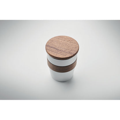 Tapadera de madera de nogal de vaso metálico blanco
