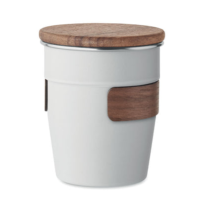 Vaso blanco de acero inox con asa desmontable de madera de nogal