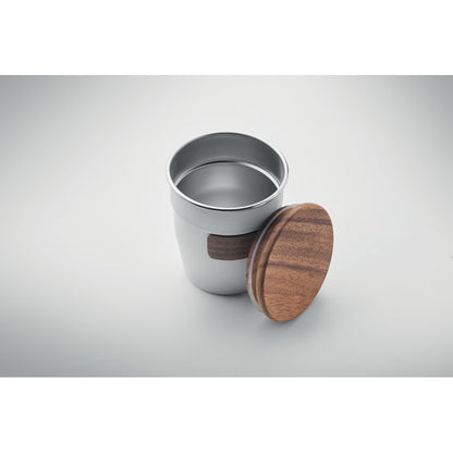 Vaso  blanco de acero inox con asa desmontable de madera de nogal