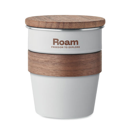 Vaso metálico blanco personalizado con logo y con tapa y asa de madera