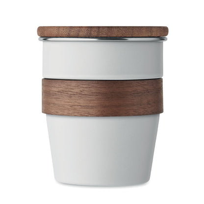 Vaso de viaje de metal blanco con tapadera y faja de madera