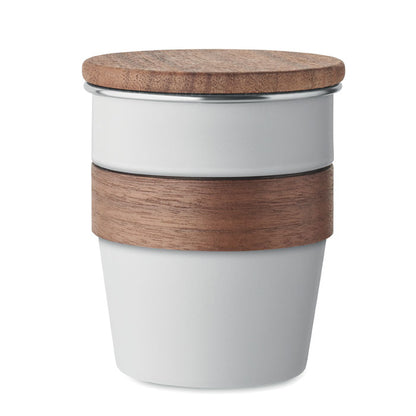 Vaso de acero inoxidable blanco con asa y tapa de madera de nogal