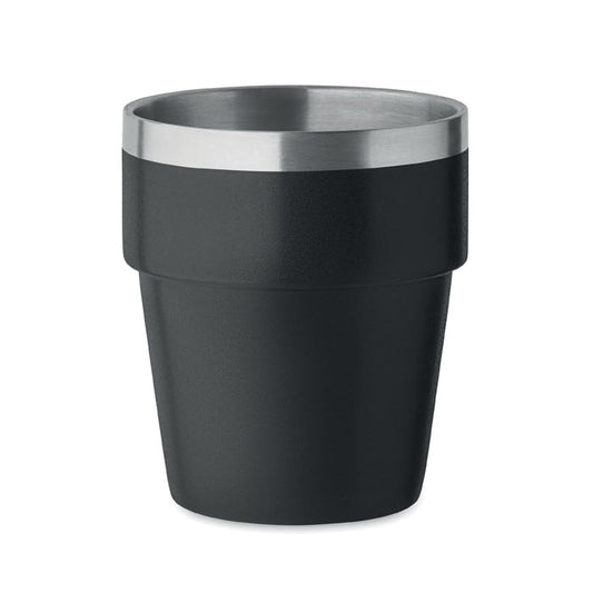 Vaso de doble pared de acero inoxidable reciclado en color negro, con borde superior en acabado metálico.