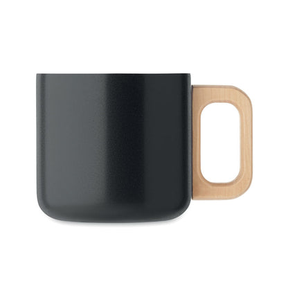 Vista derecha de mug de acero negro con asa de madera