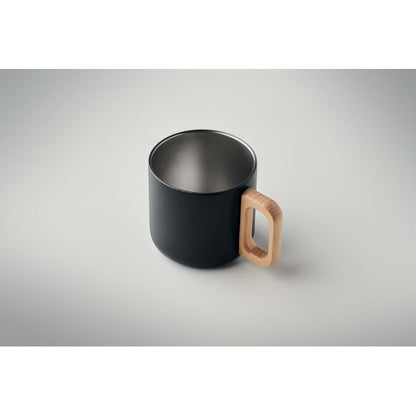 Vista superior de taza de acero inox negra con asa de madera