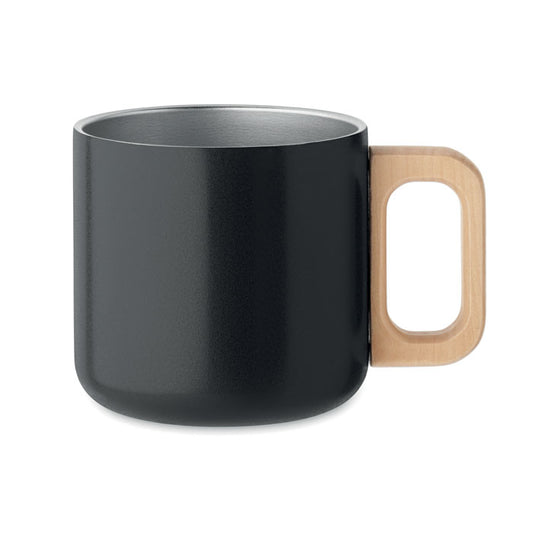 Taza de doble pared 350 ml de acero inoxidable reciclado color negro con asa de madera clara