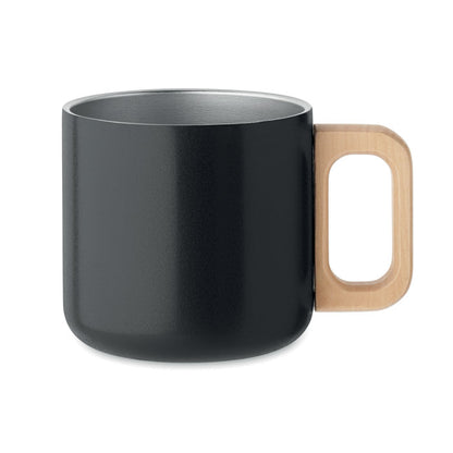 Taza de acero de doble pared de color negro con asa de madera