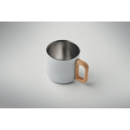 Vista superior de taza de acero inox blanca con asa de madera