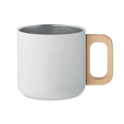 Taza de acero de doble pared de color blanco con asa de madera