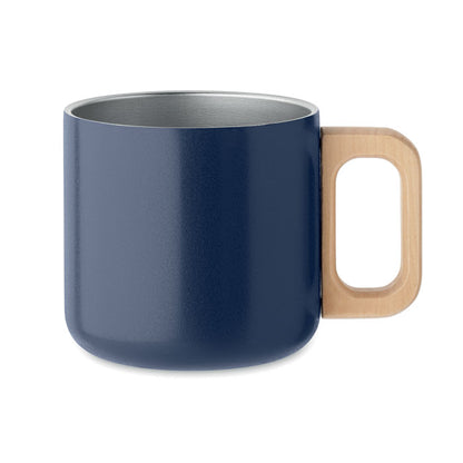 Taza de acero de doble pared de color acero con asa de madera