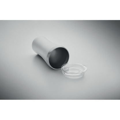 Vaso de acero inoxidable blanco tumbado con tapadera de rosca al lado