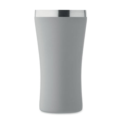 Pequeño vaso gris de acero inoxidable con tapadera