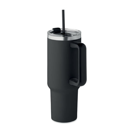 Taza grande de acero inox negro con pajita y tapadera