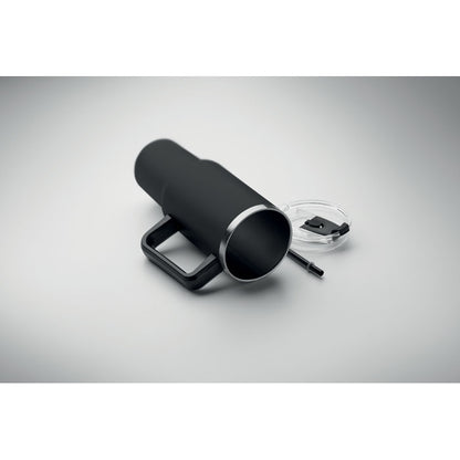 Taza de acero inoxidable con exterior negro y tapa antifugas