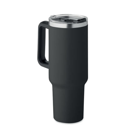 Mug de viaje grande de acero negro con tapa y pajita