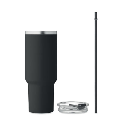Gran vaso de viaje de metal negro con tapadera transparente y pajita
