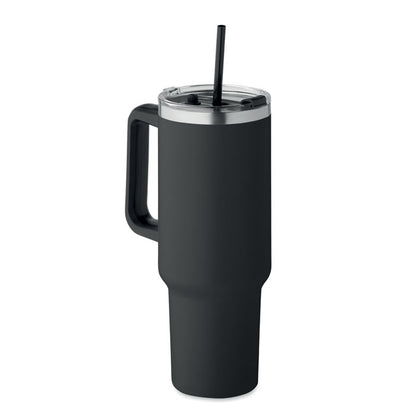 Vaso con asa de acero inoxidable negro con tapa y pajita