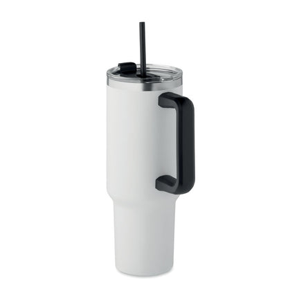 Gran vaso de viaje de metal blanco con tapadera transparente y pajita