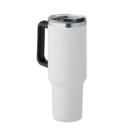 Mug de viaje grande de acero blanco con tapa y pajita negras