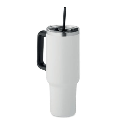 Vaso blanco con asa de acero inoxidable negro con tapa y pajita