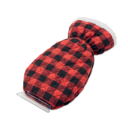 Guante rojo y negro acolchado, ideal para eliminar hielo con protección térmica.         