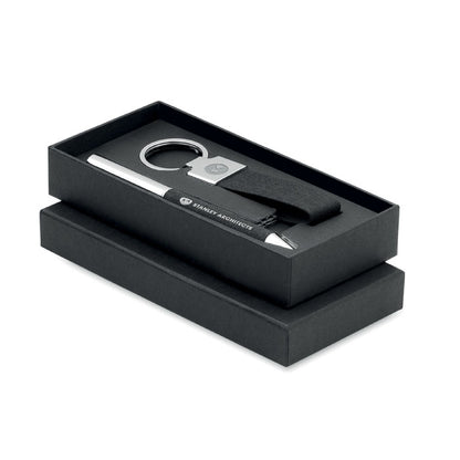 Set de regalo en caja con llavero y bolígrafo metálicos