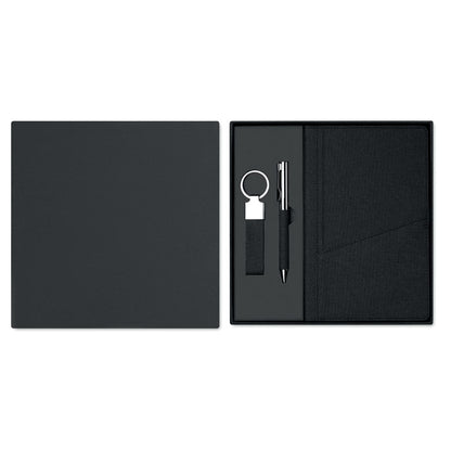 Set de regalo de bolígrafo, llavero y cuaderno negro en caja 