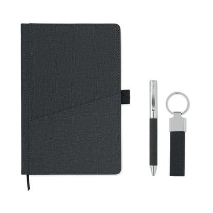 Cuaderno, llavero y libreta de RPET negra y metal