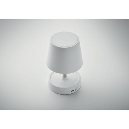 Lámpara de mesa USB recargable en ABS con diseño retráctil y cuerpo blanco.