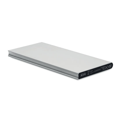 vista trasera de powerbank rectangular de aluminio gris con sello CE e información legal