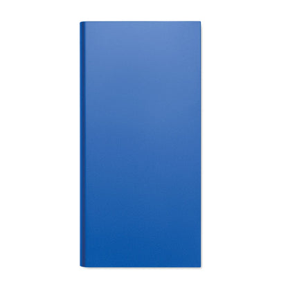 Vista frontal de powerbank rectangular  de aluminio azul