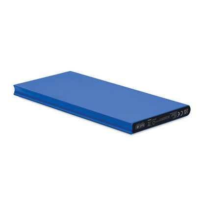 vista trasera de powerbank rectangular de aluminio azul con sello CE e información legal