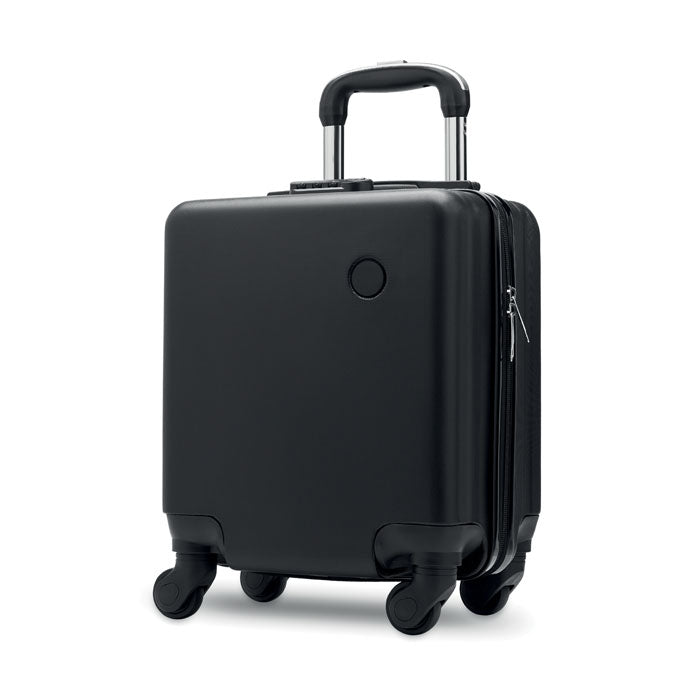Maleta trolley de ABS en color negro, con cuatro ruedas y manija de extensión.
