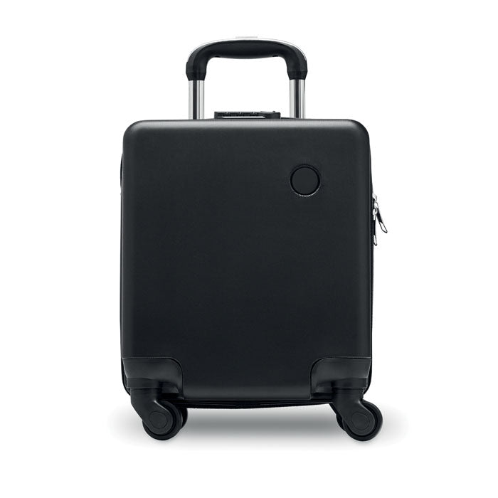 Maleta trolley de ABS negra de 14 pulgadas, con cuatro ruedas y asa extensible, vista frontal.