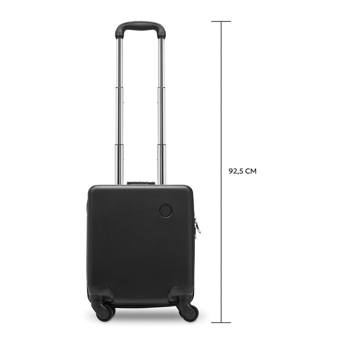 Maleta trolley negra de 14 pulgadas con manillar extendido y cuatro ruedas, vista trasera mostrando sus dimensiones.