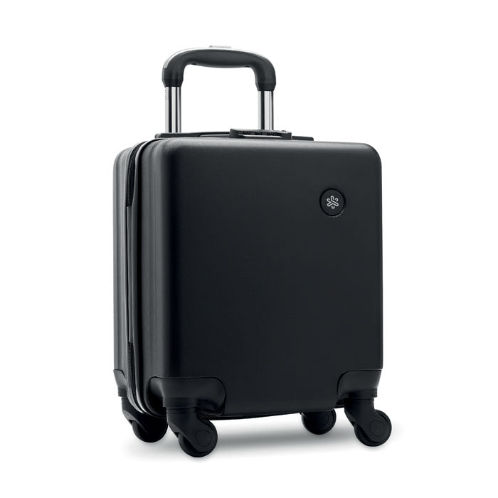 Maleta trolley de ABS negra con 4 ruedas, asa retráctil y diseño compacto en vista lateral.