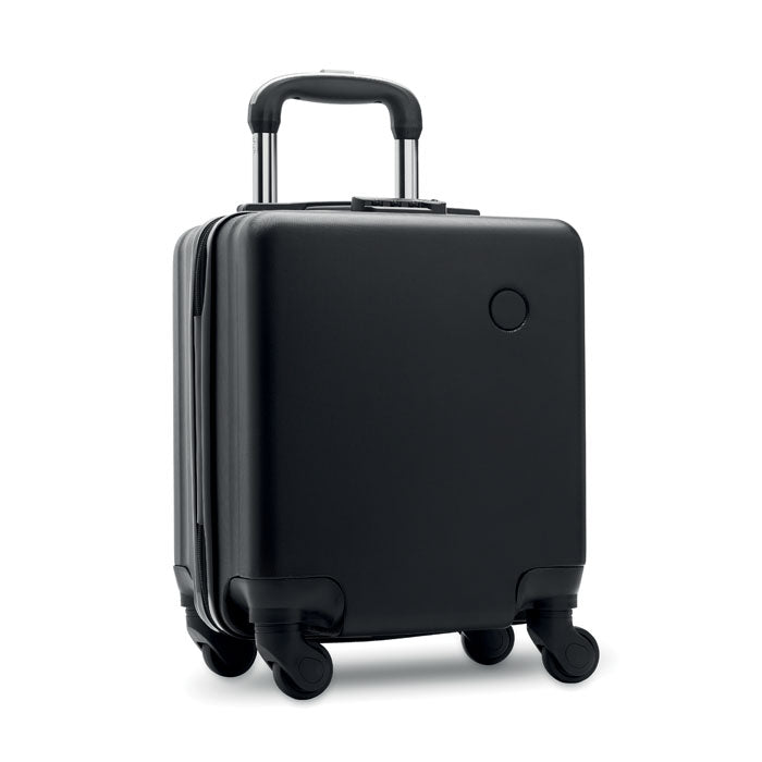 Maleta trolley de 14 pulgadas color negro con cuatro ruedas y asa retráctil, fabricada en material ABS.