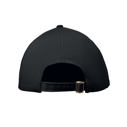 Vista trasera de hebilla de gorra negra de 6 paneles